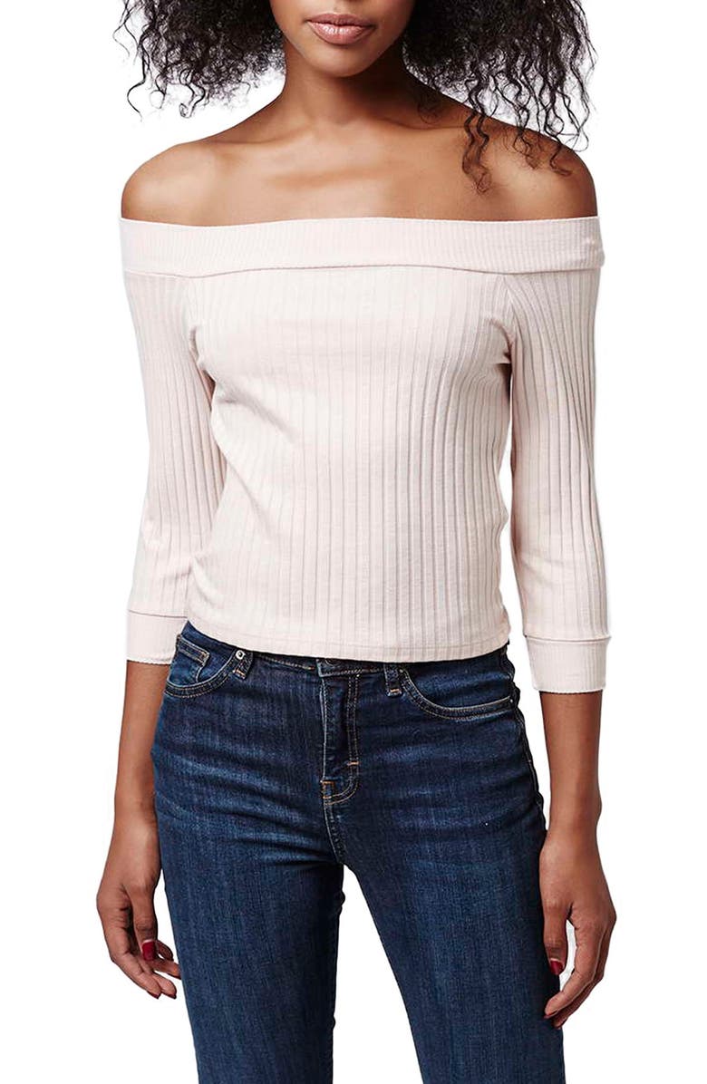 Topshop Half Sleeve Ribbed Bardot Top, Main, color,