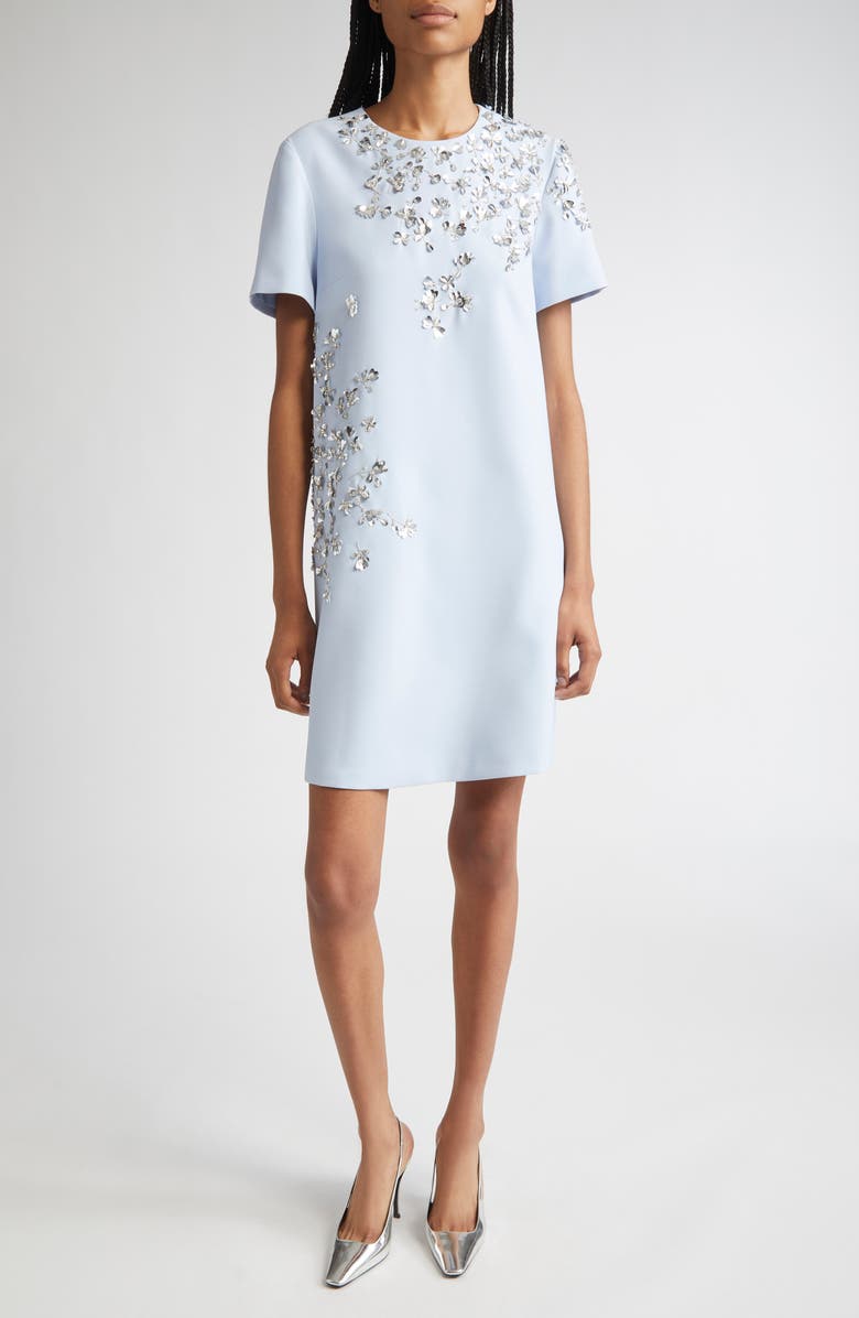 Carolina Herrera Floral Appliqué Crepe Minidress, Main, color, Celeste/ Silver