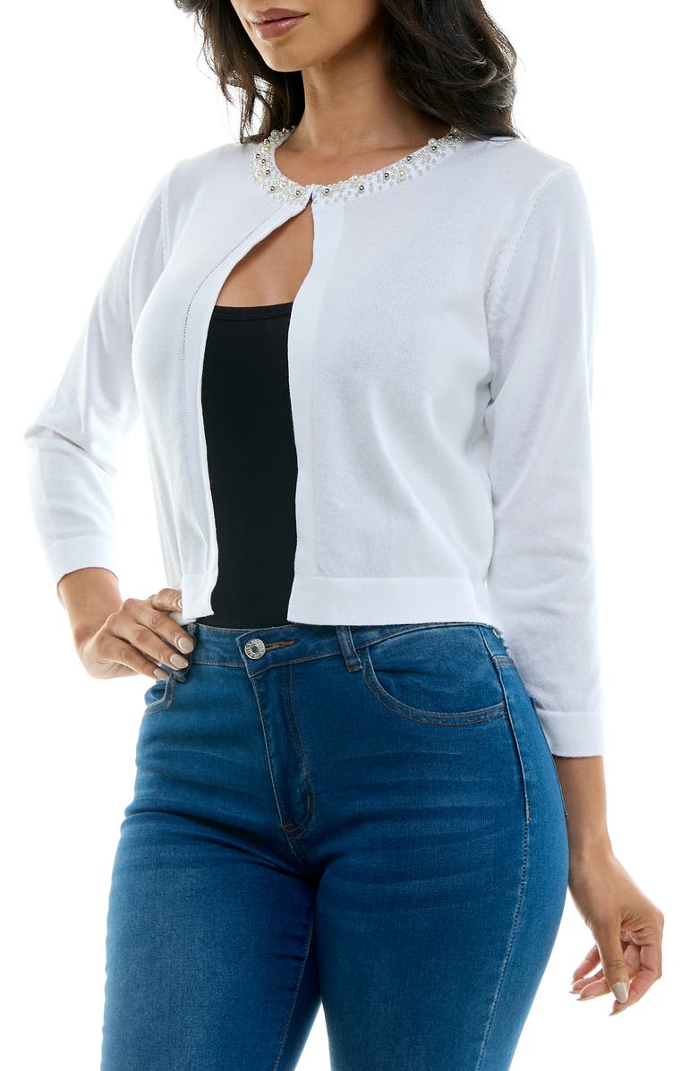 Nina Leonard Faux Pearl Knit Sweater Bolero, Alternate, color, White