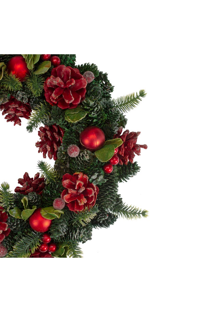 Northlight Red Pine Cones and Ornaments Christmas Wreath, 13" - Unlit, Alternate, color, Green