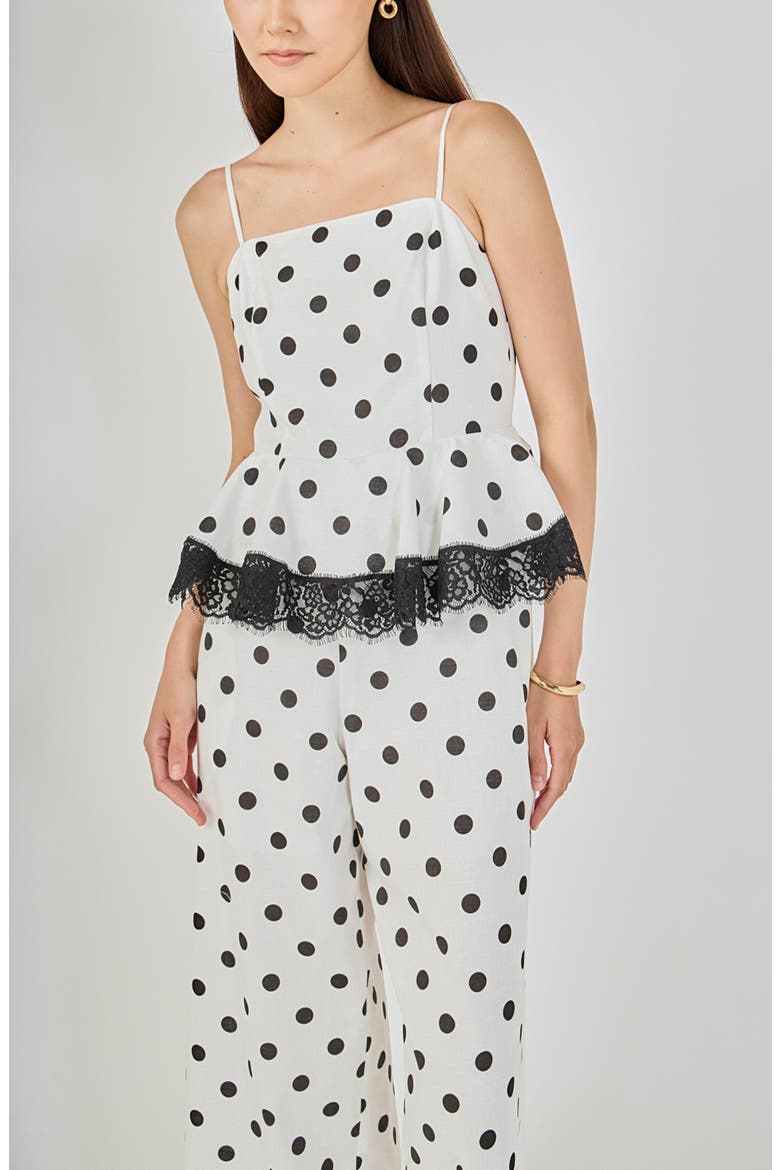 Polka Dot Peplum Jumpsuit, Alternate, color, WHITE/ BLACK