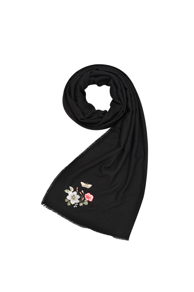 Floral Embroidered Black Pashmina Scarf, Main, color, Black
