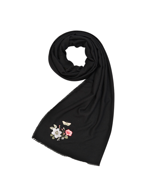Floral Embroidered Black Pashmina Scarf