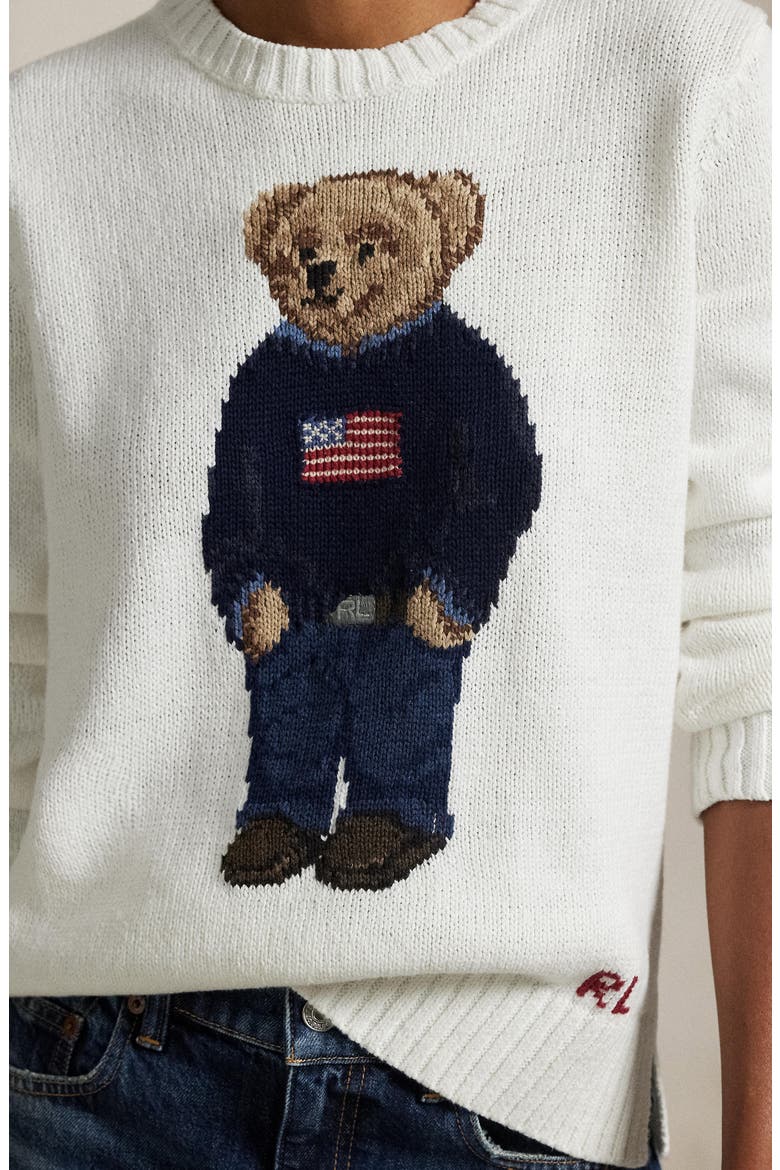Polo Bear Embroidered Linen & Cotton Crewneck Sweater, Alternate, color, DECKWASH WHITE MULTI