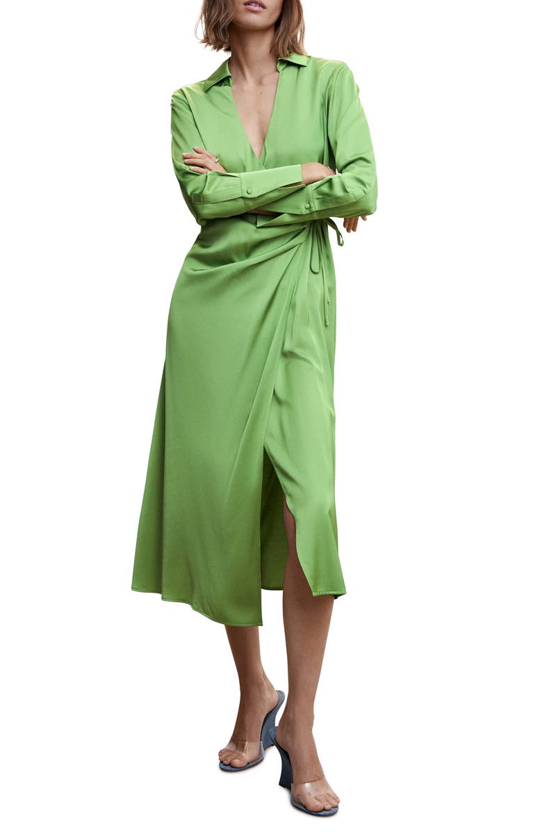 MANGO Long Sleeve Satin Wrap Shirtdress, Main, color, Green