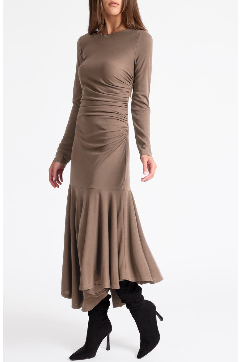 Abigail Long Sleeve Hi Lo Dress In Fluid Jersey, Alternate, color, TAUPE