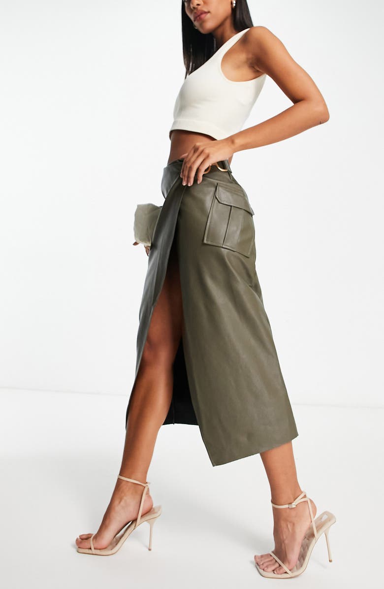 ASOS DESIGN Faux Leather Cargo Skirt, Alternate, color, Khaki