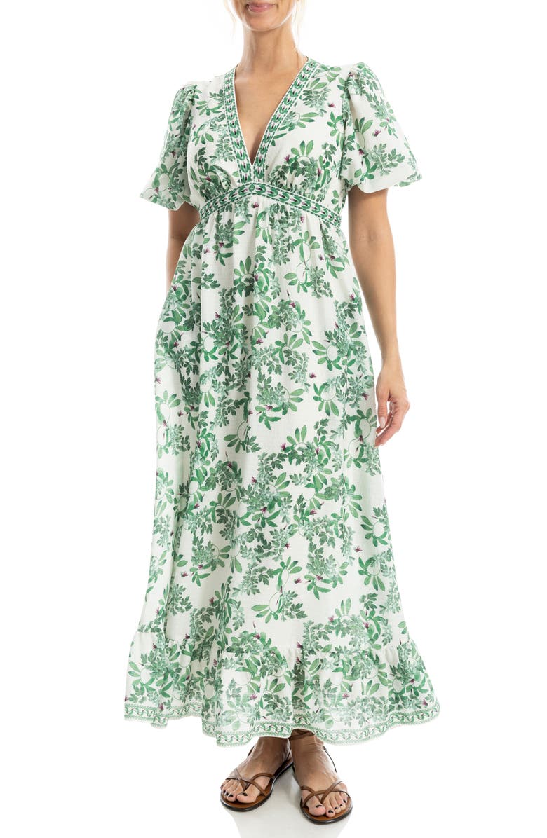 MAX STUDIO Flutter Sleeve Empire Waist Maxi Dress, Alternate, color, Ivory/ Green