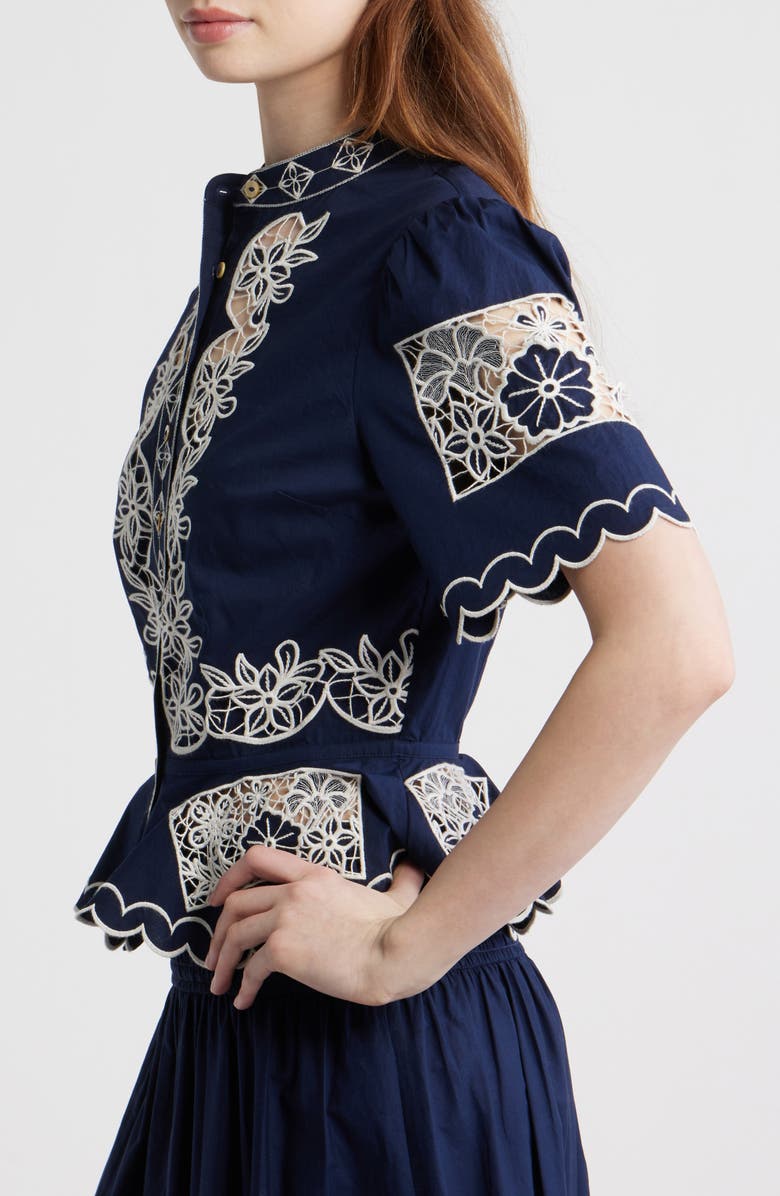 LOVE THE LABEL Elizabeth Embroidered Peplum Top, Alternate, color, Navy W White Embroidery