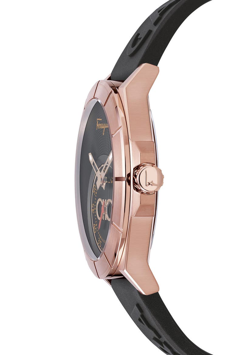 Salvatore Ferragamo Urban Silicon Strap Watch, 43mm, Alternate, color, BLACK/ ROSE GOLD