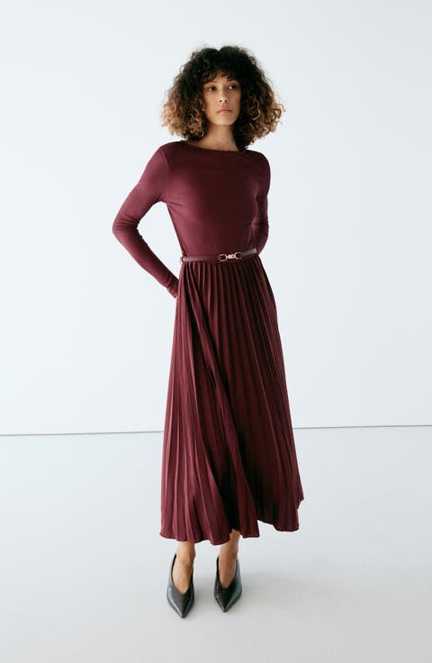 Combined Pleated Long Sleeve Midi Dress