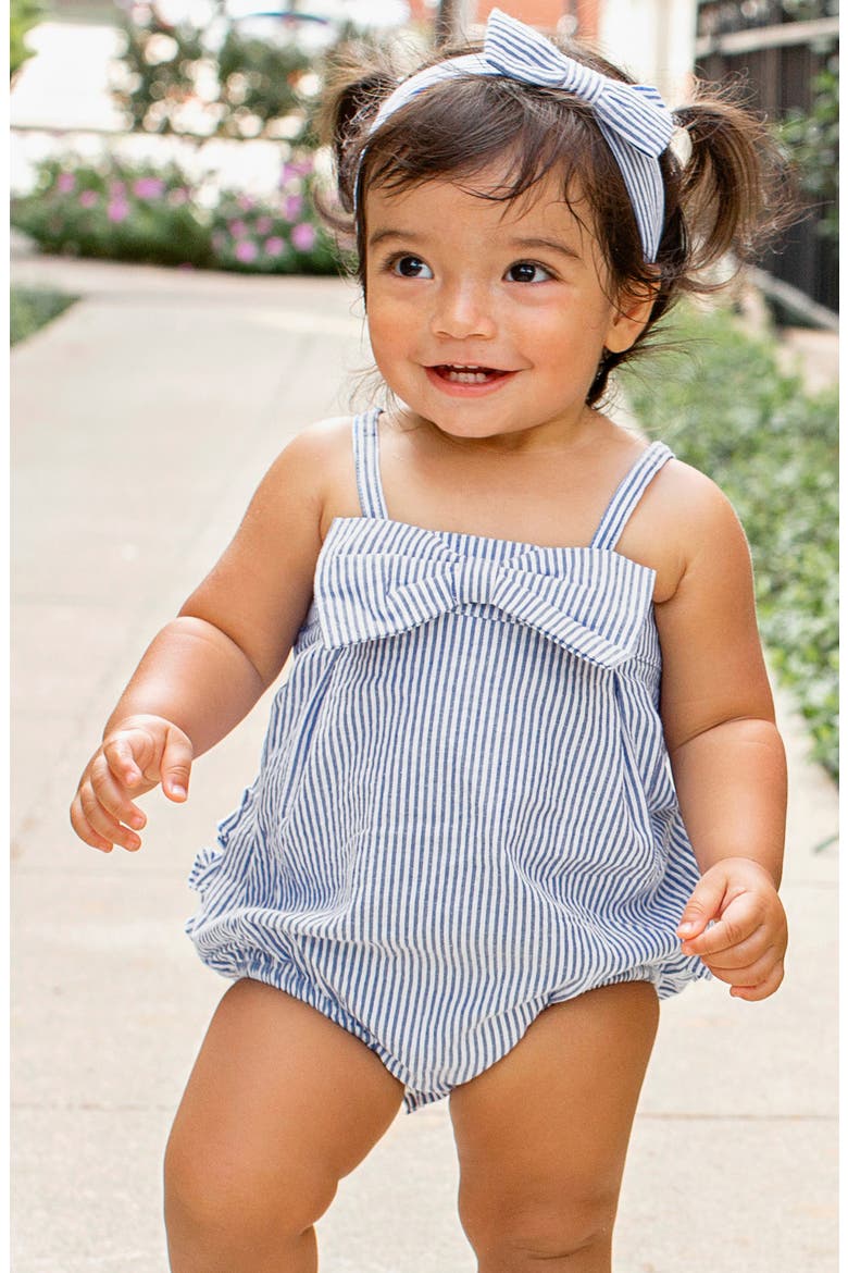 Seersucker Bubble Romper & Head Wrap Set, Alternate, color, BLUE