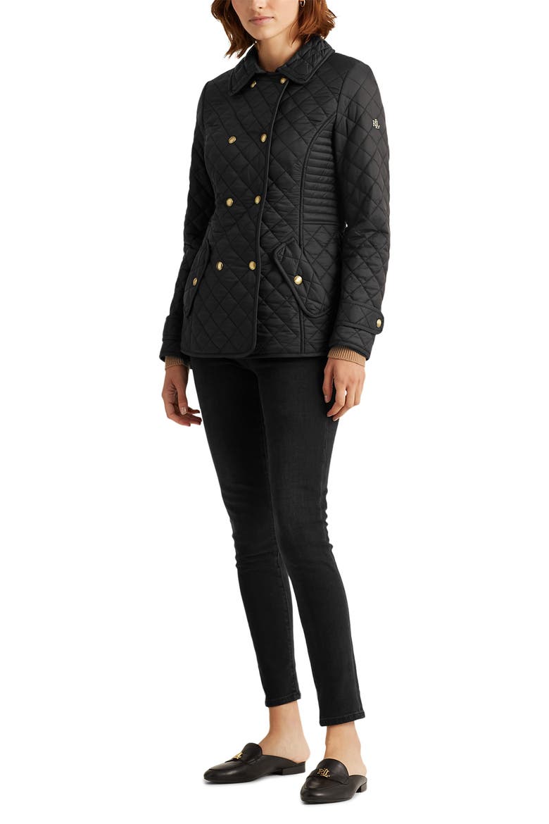 Quilted Double Breasted Peacoat, Alternate, color, BLACK