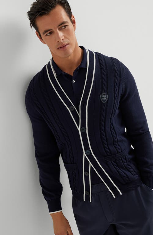 Brunello Cucinelli Cotton Knit Tennis Cardigan In Navy Blue
