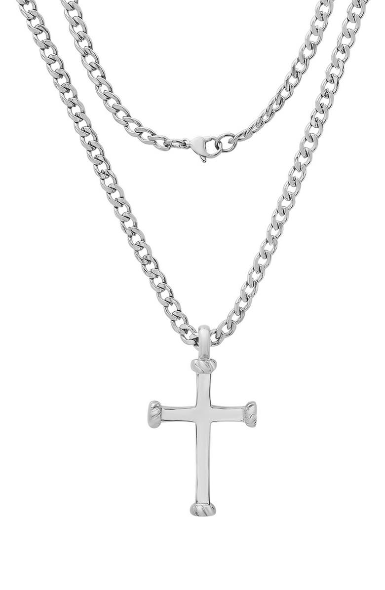 HMY JEWELRY Men's Stainless Steel Rope Edge Cross Pendant Necklace, Main, color, Silver