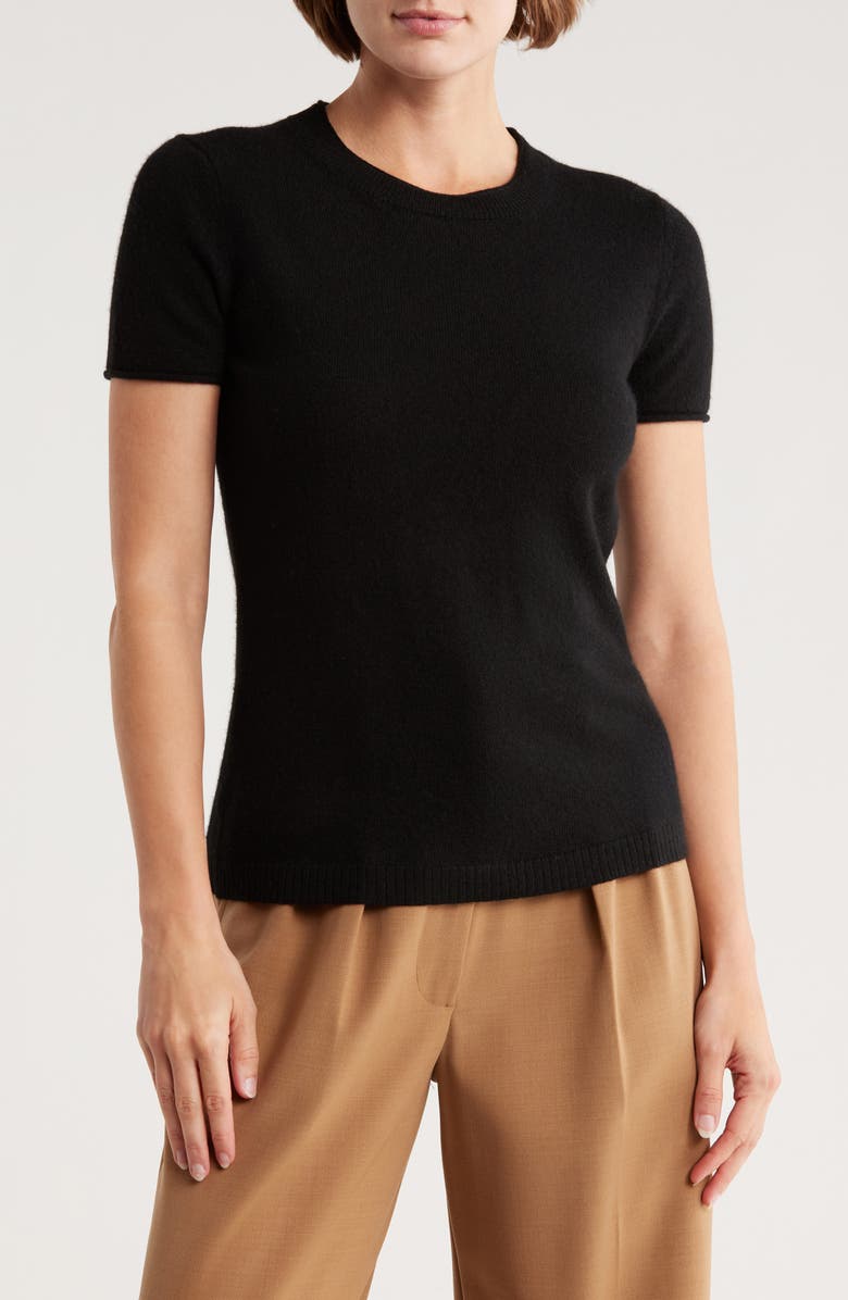 Magaschoni Cashmere Crewneck Short Sleeve Sweater, Main, color, Black