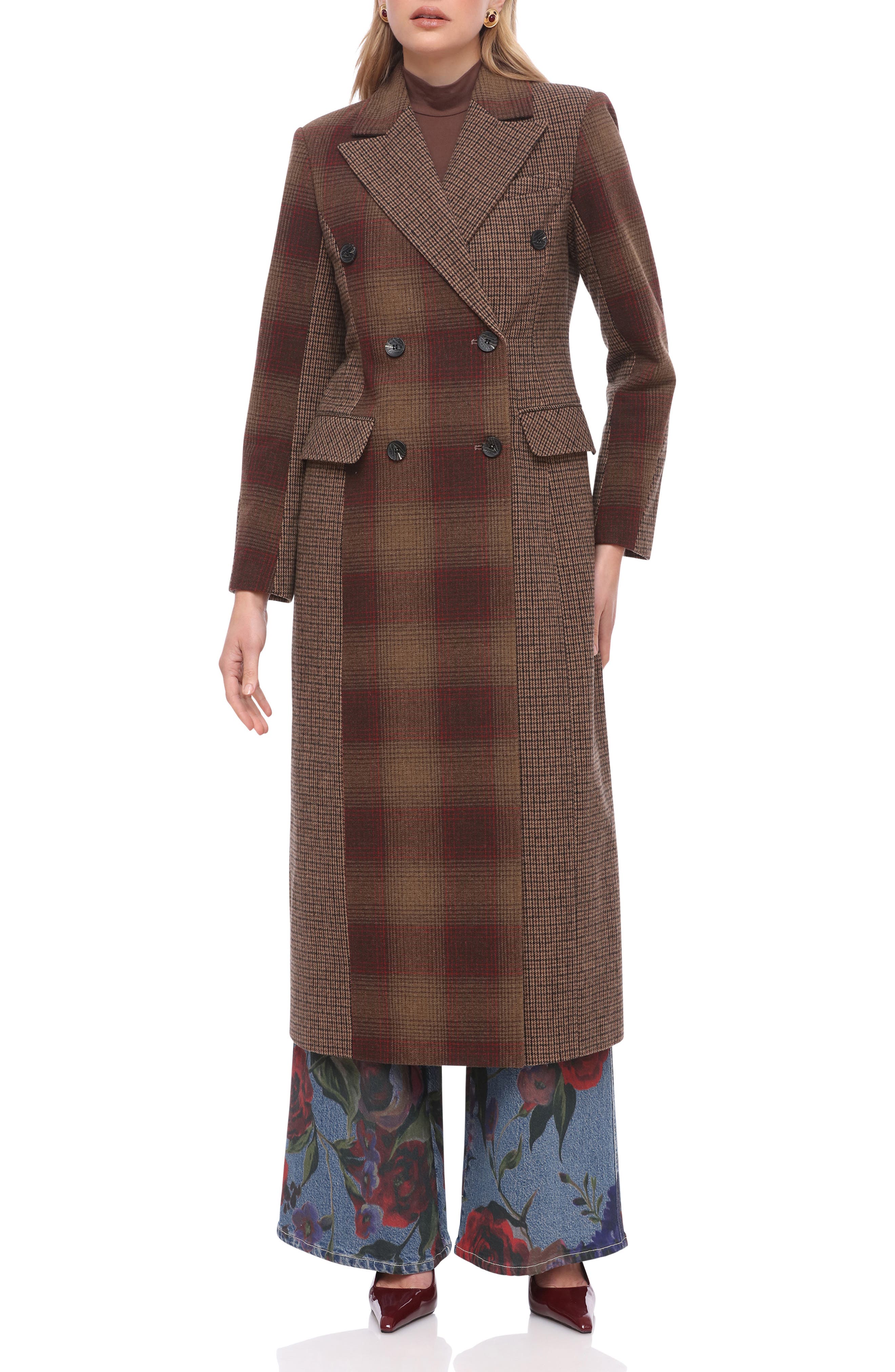 Avec Les Filles Colorblock Plaid Double Breasted Coat