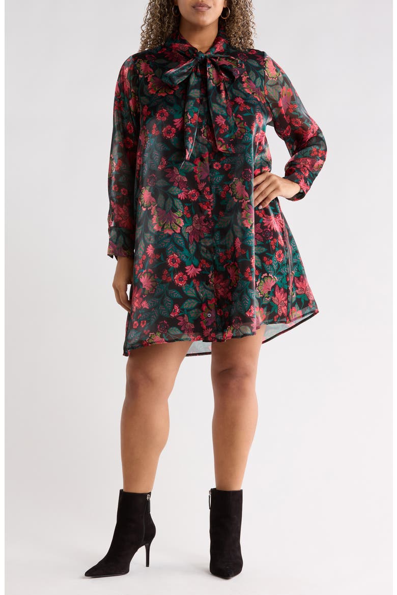 Floral Organza Tie Neck Shift Dress, Main, color, BLACK-TEAL-RED