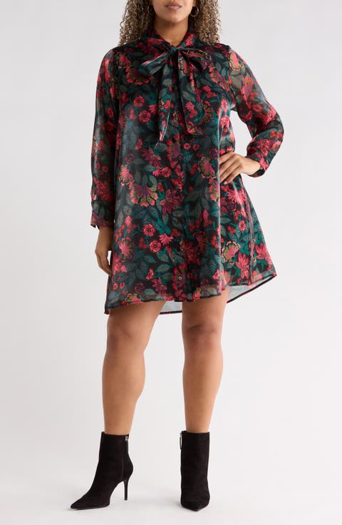 Floral Organza Tie Neck Shift Dress