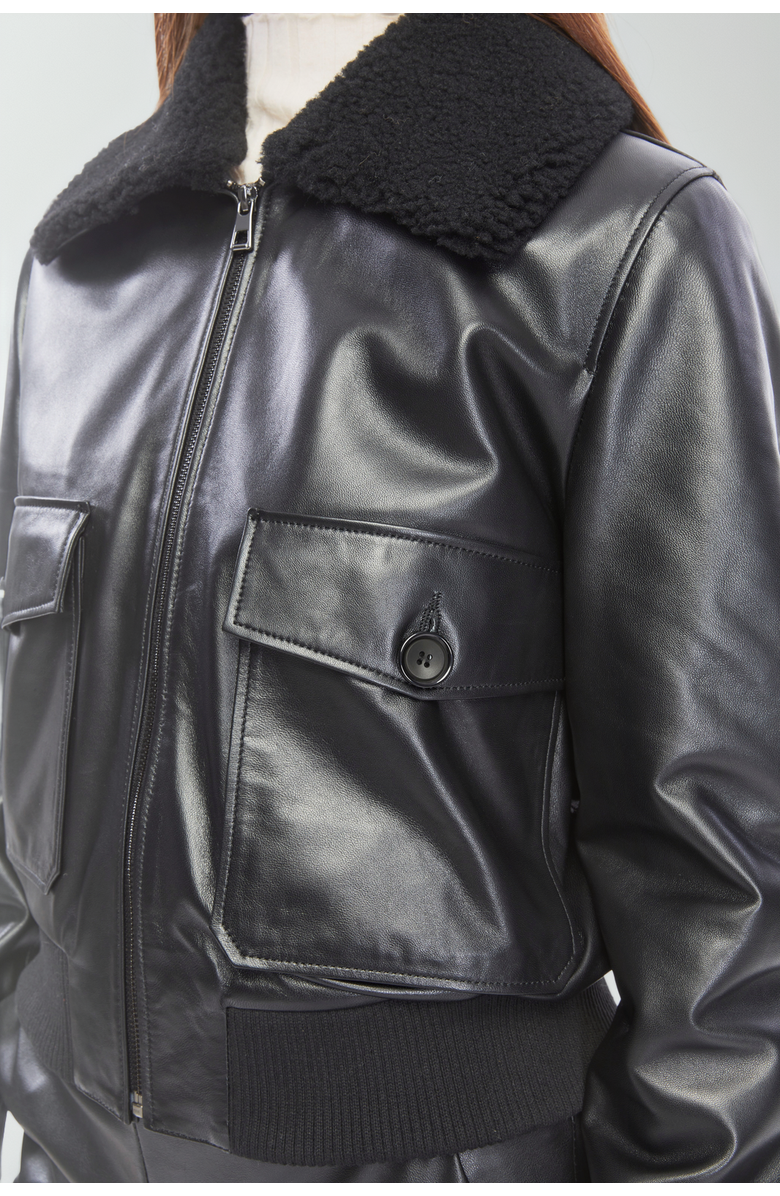 Furniq UK Florence Leather Bomber Jacket, Alternate, color, Black