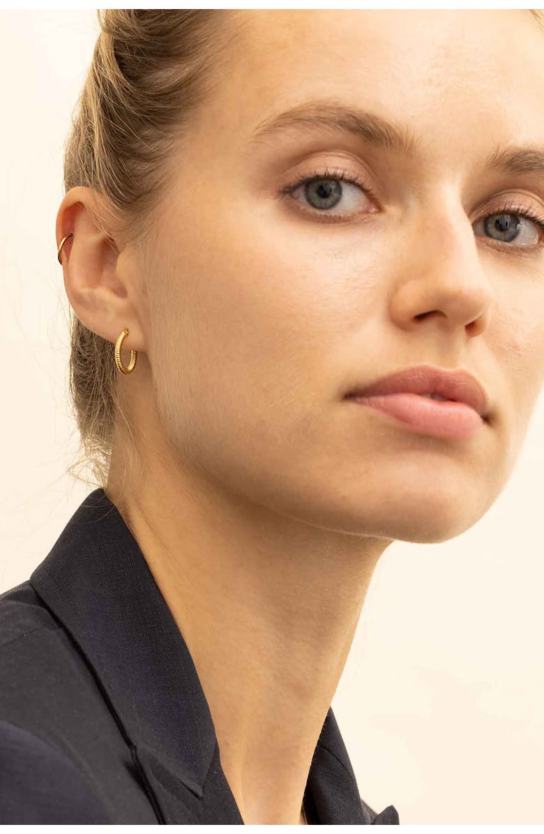 Oradina 18K Yellow Gold Ribbed Mini Hoops, Alternate, color, Yellow Gold