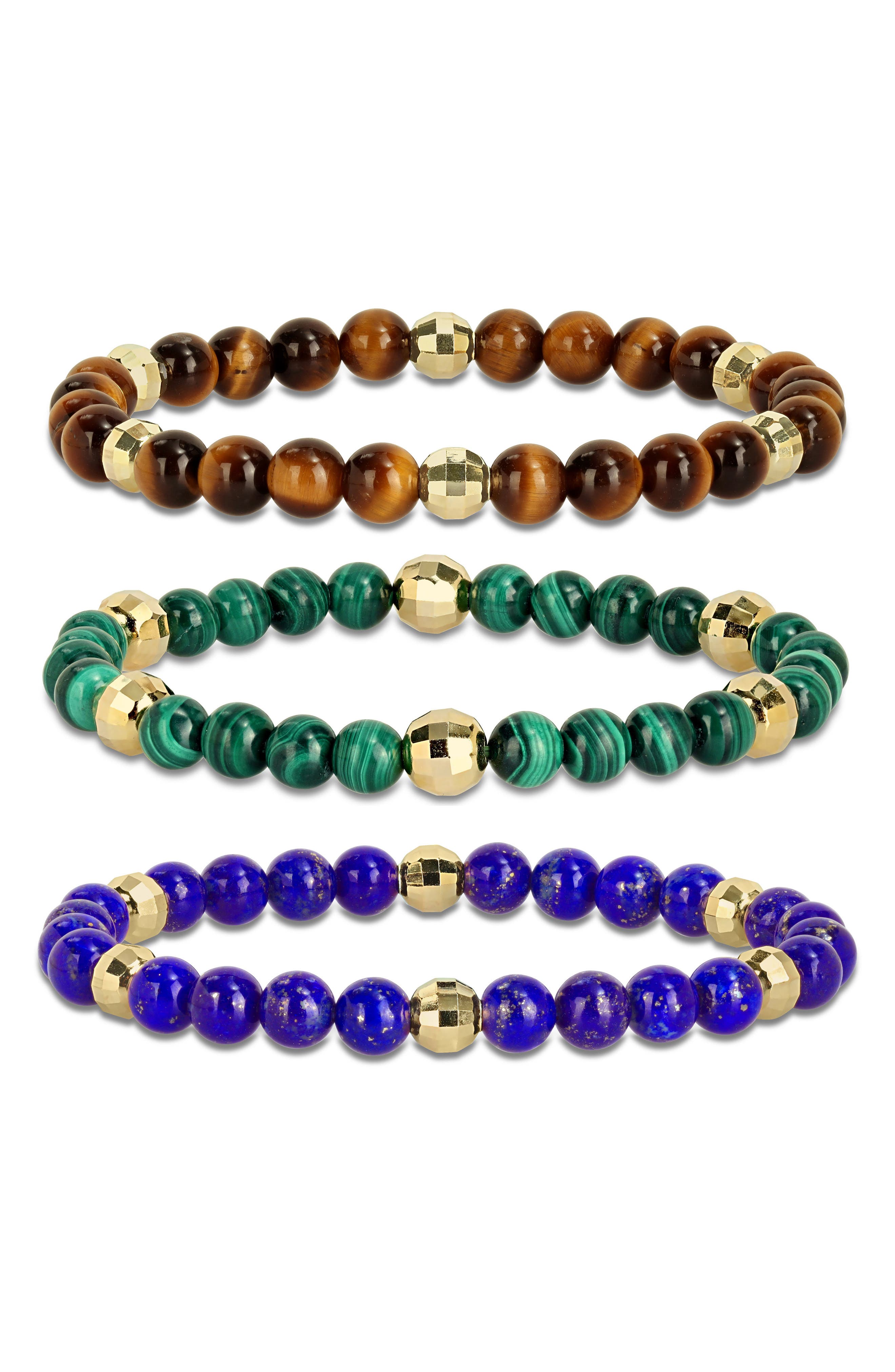 DELMAR Men's Set of 3 Assorted Semiprecious Stone Beaded Stretch Bracelets