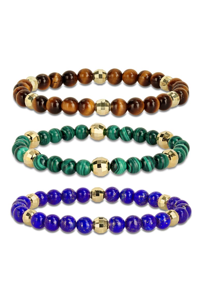 Men's Set of 3 Assorted Semiprecious Stone Beaded Stretch Bracelets, Main, color, BLUE/ GREEN/ BROWN MULTI