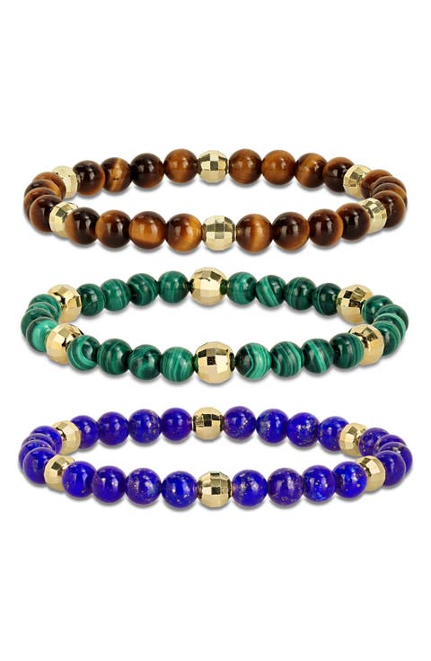 Men's Set of 3 Assorted Semiprecious Stone Beaded Stretch Bracelets