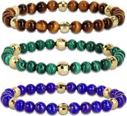 DELMAR Men's Set of 3 Assorted Semiprecious Stone Beaded Stretch Bracelets