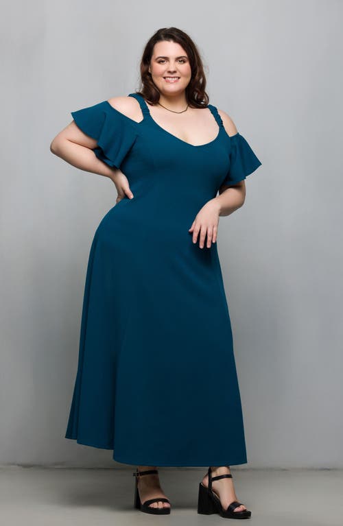 24seven Comfort Apparel Plus Size Cold Shoulder Ruffle Sleeve A-line Maxi Dress In Blue