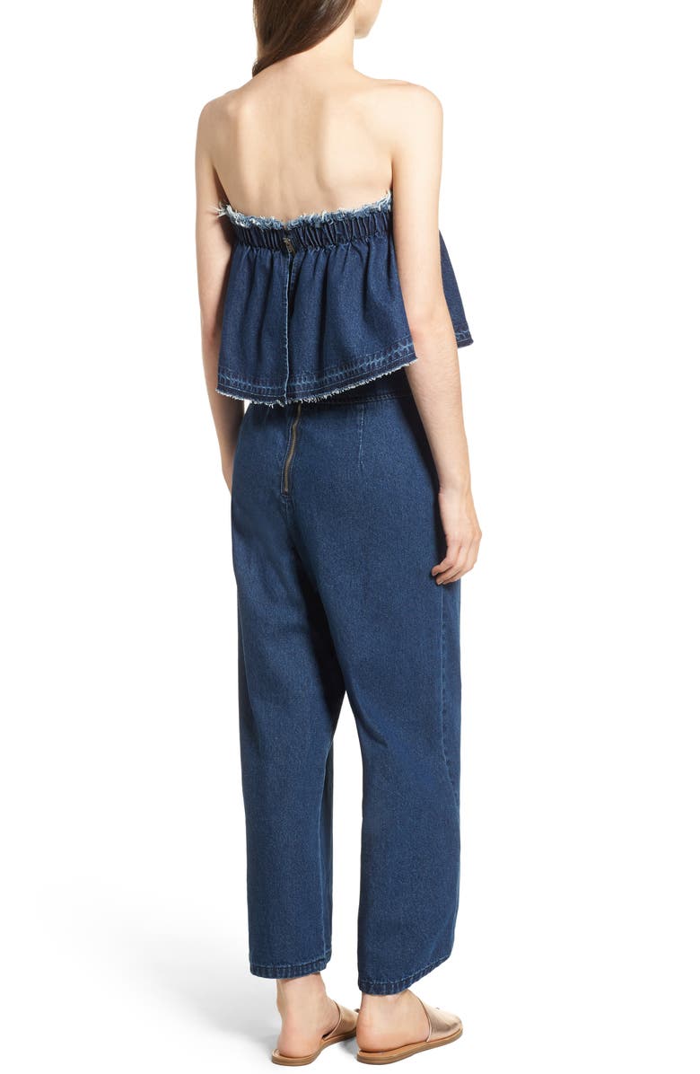 J.O.A. Strapless Crop Denim Jumpsuit, Alternate, color,