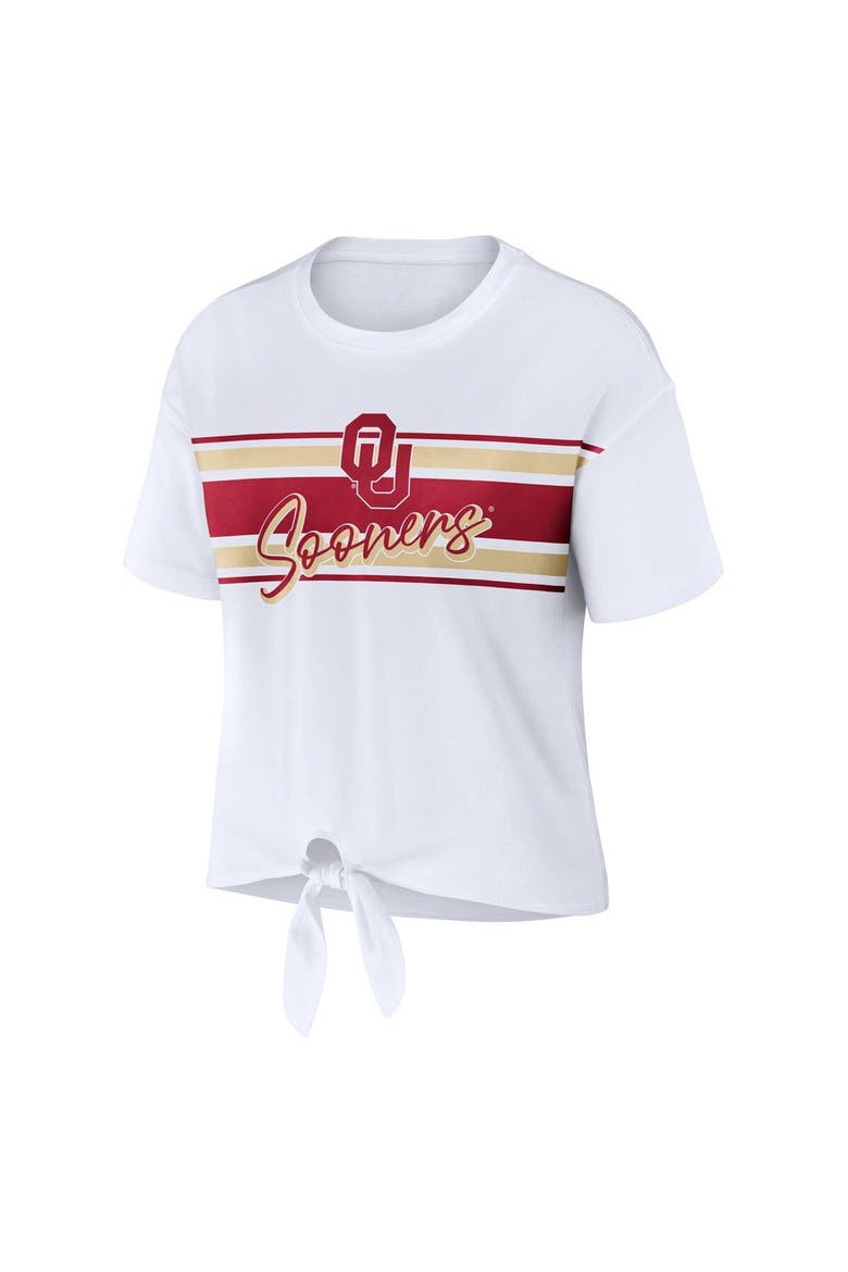 Women's WEAR by Erin Andrews White Oklahoma Sooners Striped Front Knot Cropped T-Shirt, Alternate, color, White