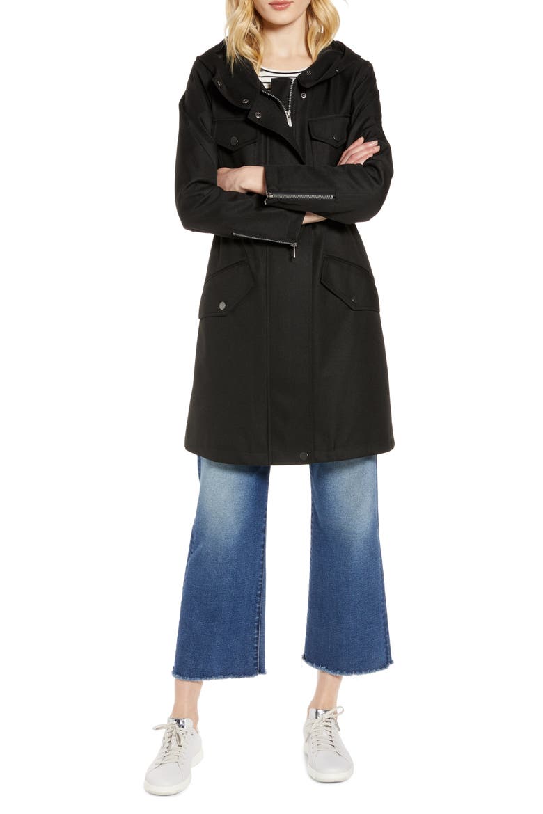 Cinch Waist Hooded Raincoat, Main, color, BLACK