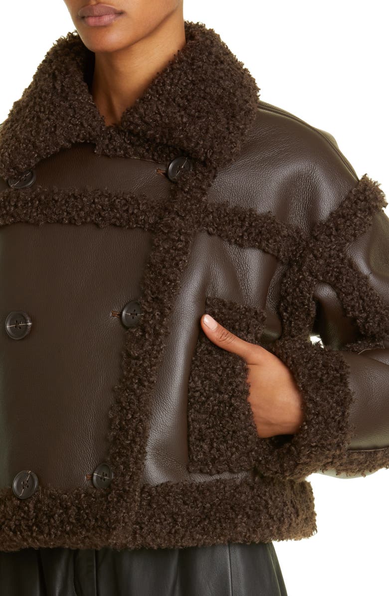 Stand Studio Kristy Double Breasted Faux Leather Crop Jacket with Faux Shearling Trim, Alternate, color, 