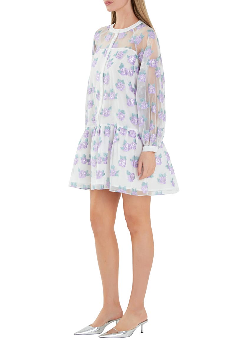 Floral Button Front Long Sleeve Organza Minidress, Alternate, color, LILAC