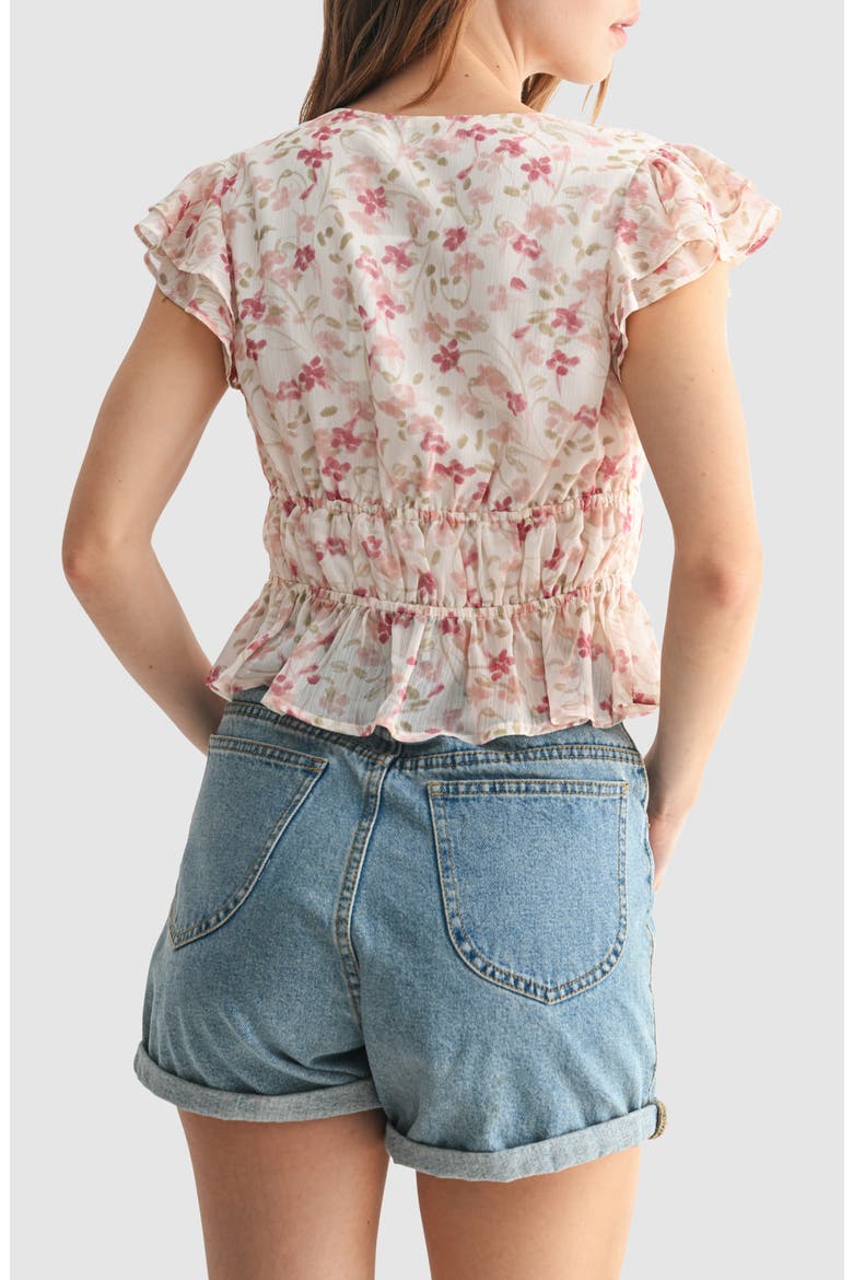 Floral Print Flutter Sleeve Lace Shirt, Alternate, color, CREAM MAUVE