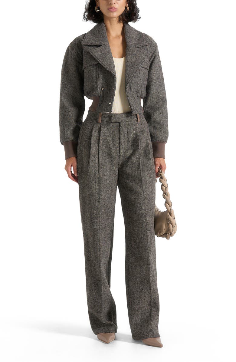 Manière De Voir Cosette Herringbone Wool Lapel Bomber Jacket, Alternate, color, Grey