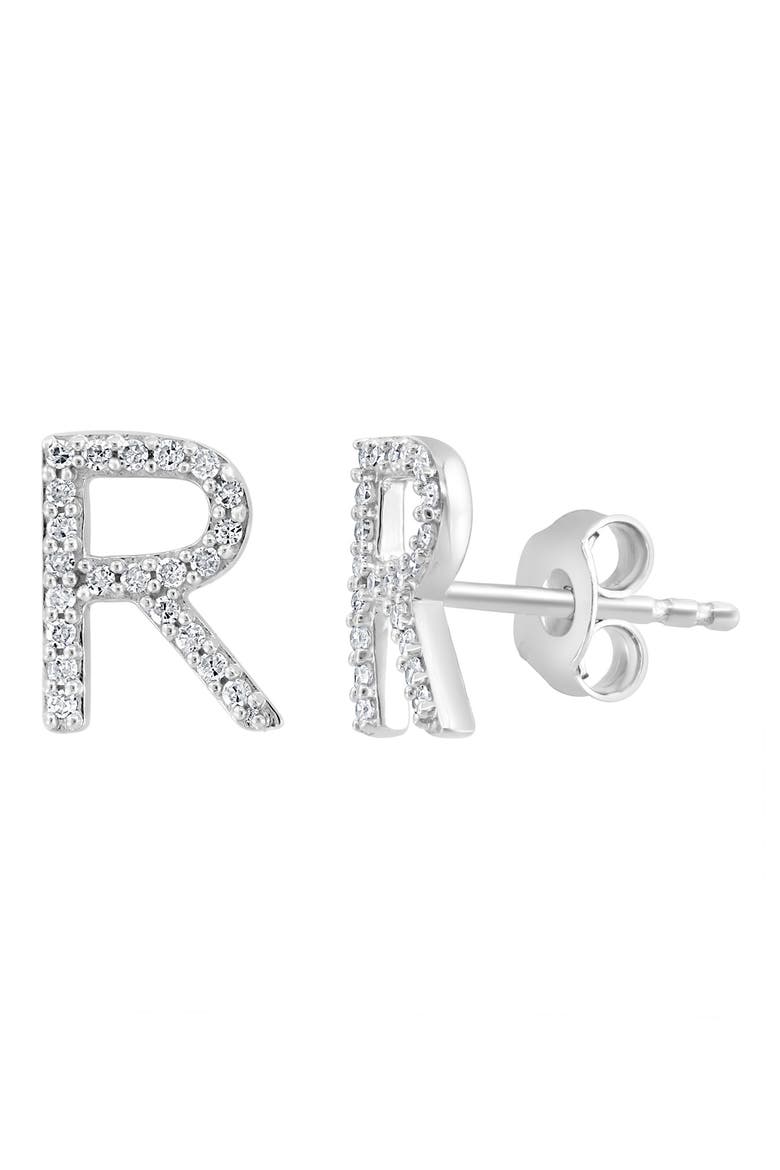 Sterling Silver Diamond 'R' Stud Earrings, Main, color, SILVER