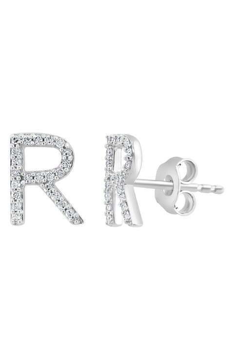 Sterling Silver Diamond 'R' Stud Earrings