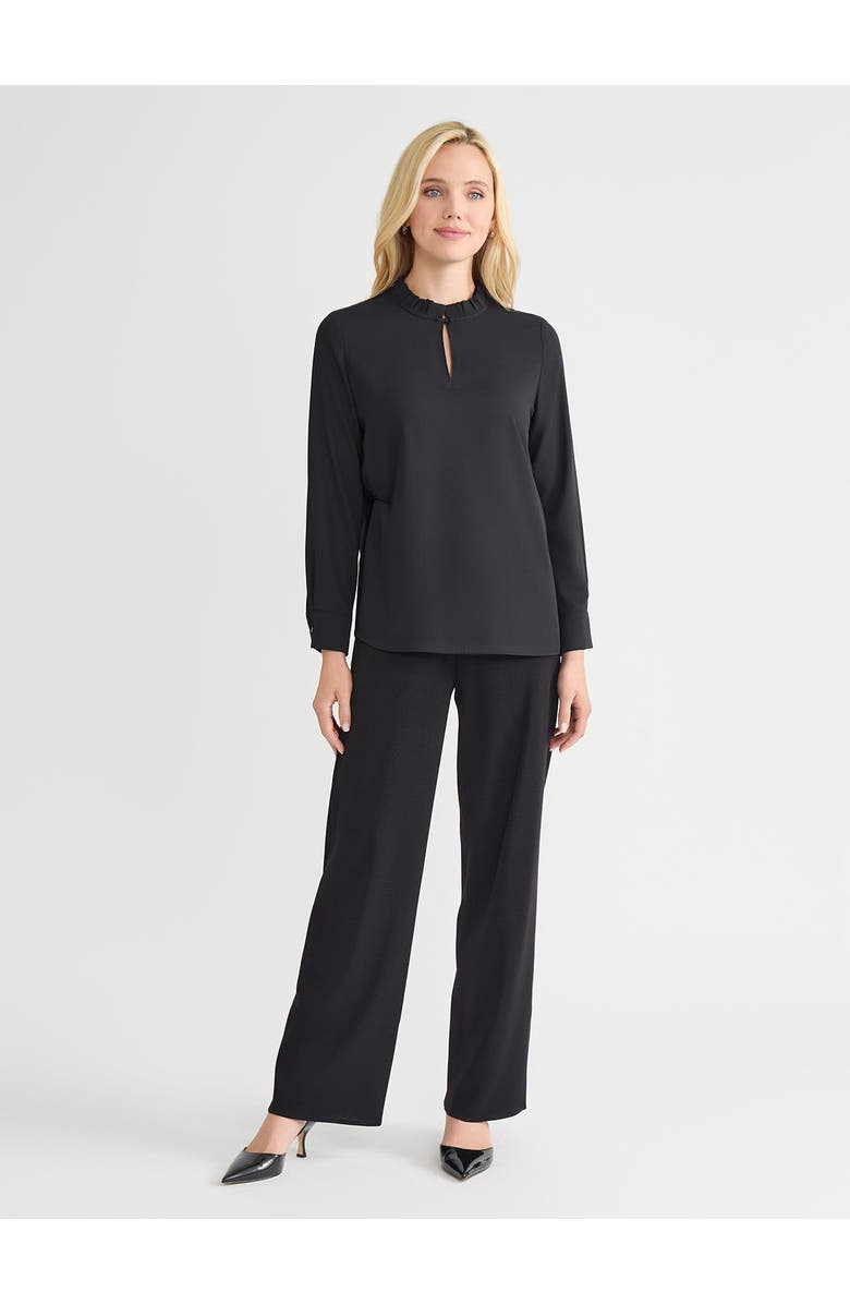 Misook Ruffle Neck Keyhole Crepe de Chine Blouse, Alternate, color, Black