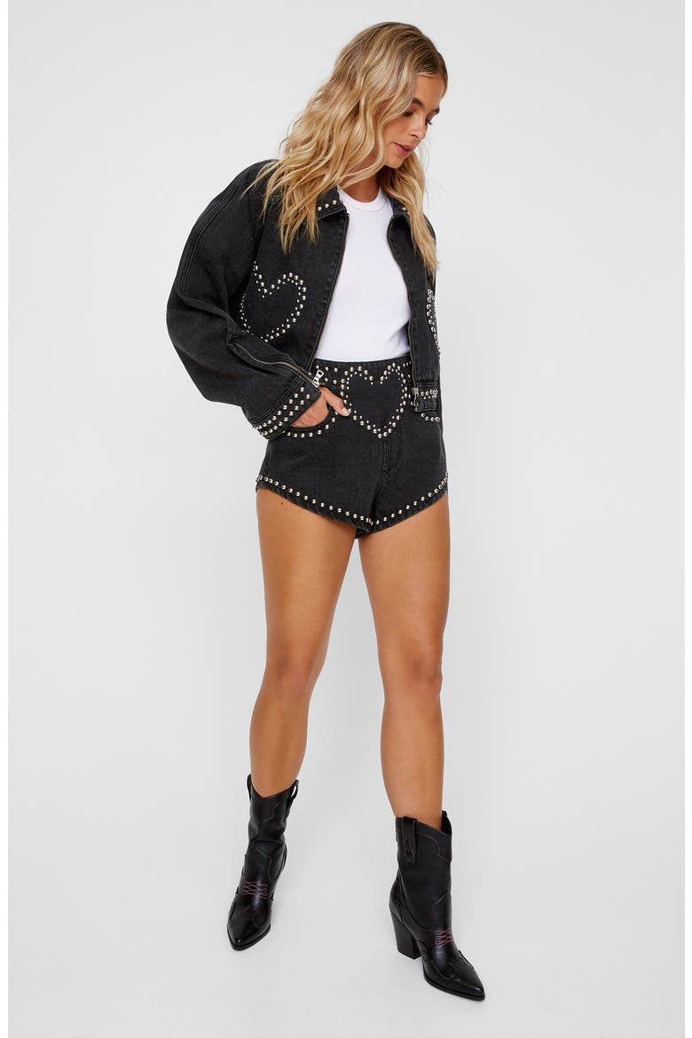 Heart Studded Crop Denim Jacket, Alternate, color, WASHED BLACK
