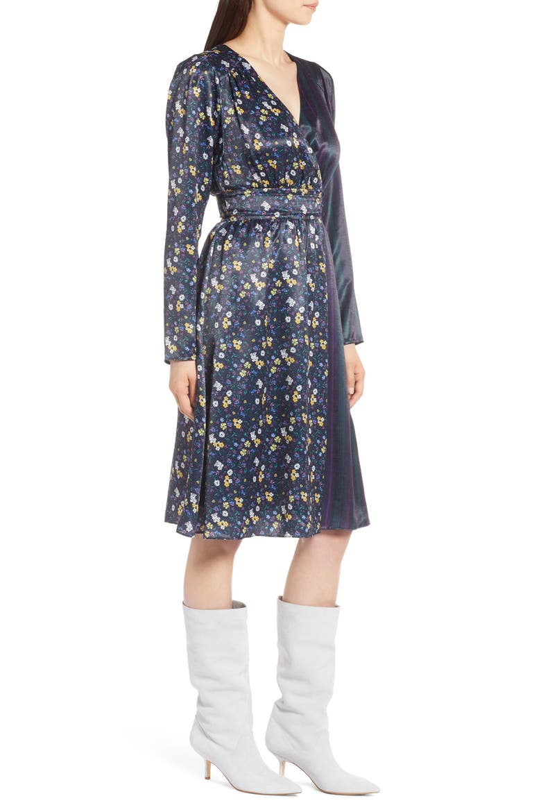 Print Satin Dress, Alternate, color, NAVY FLORAL MIX PRINT