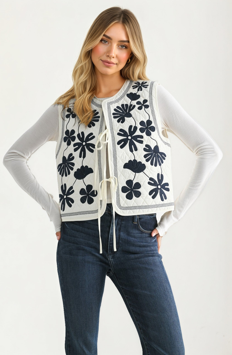Knit and Lounge Bold Floral Embroidery Quilted Vest, Main, color, White / Black Floral
