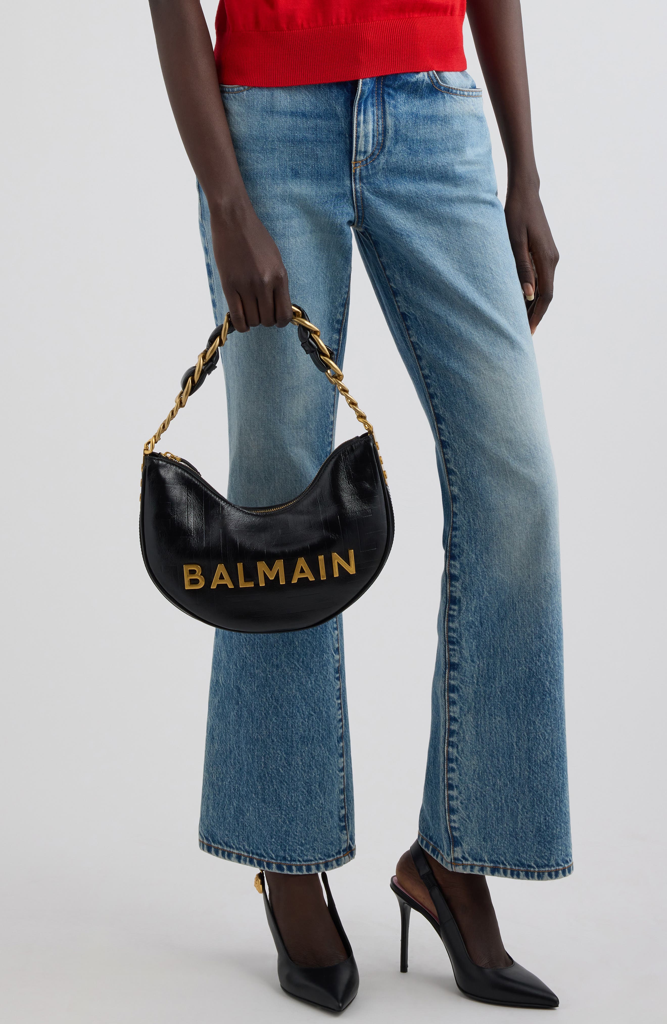 Balmain 1945 Soft Moon Logo Embossed Leather Hobo Bag, Alternate, color, 