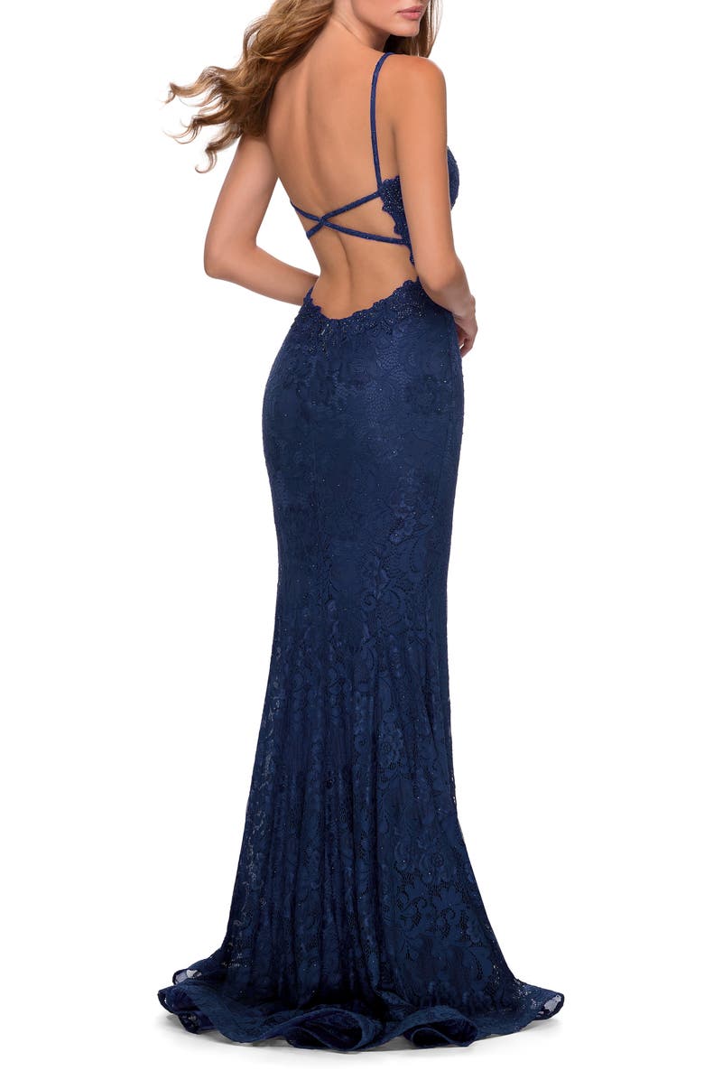 La Femme Lace Mermaid Gown, Alternate, color,