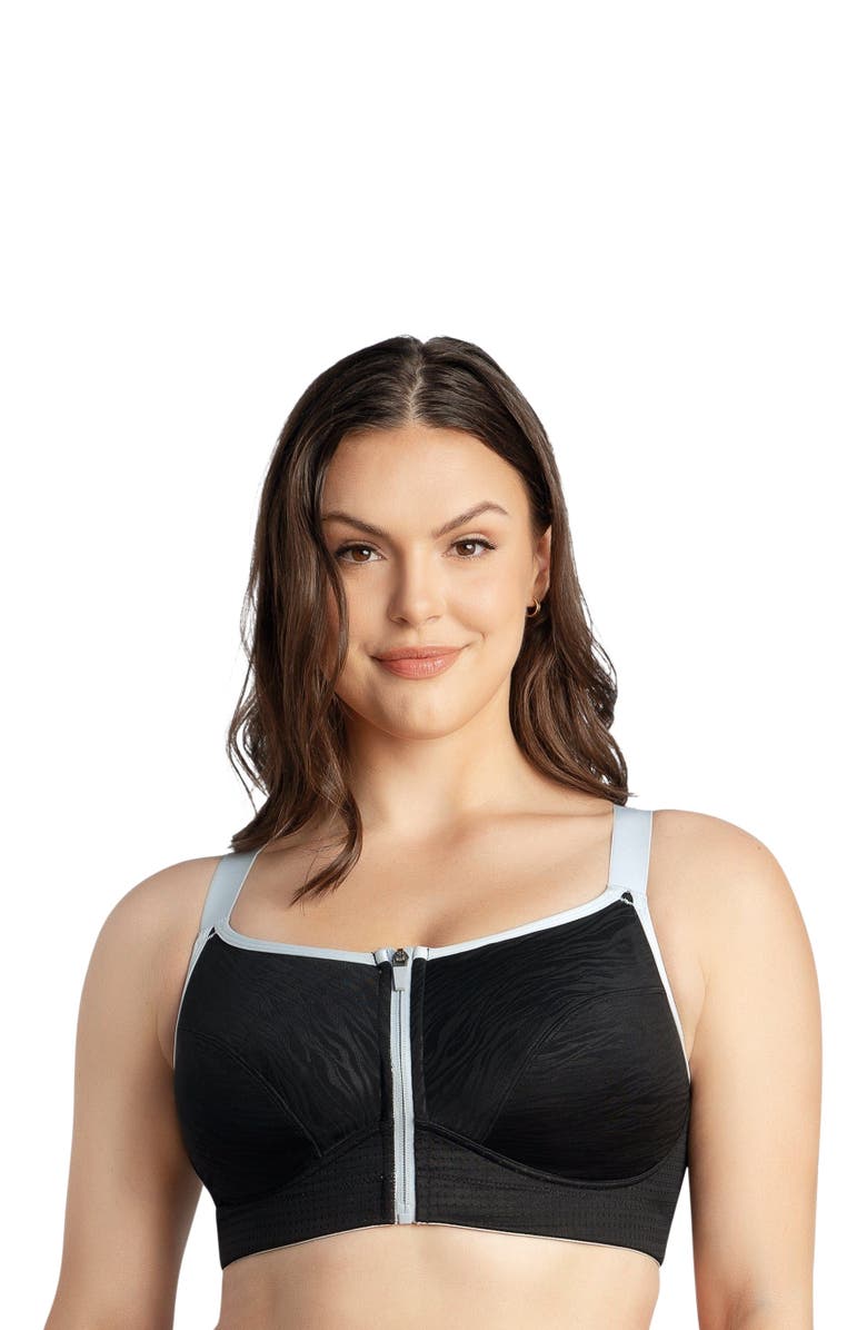 Parfait Wave Front Zipper Sports Bra, Main, color, Black