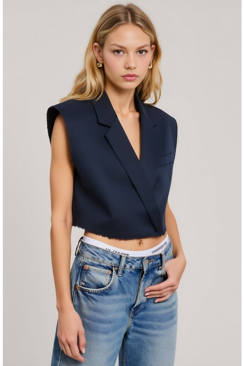 Sleeveless Cropped Tailored Collar Raw Edge Hem Blazer Vest, Alternate, color, Blue