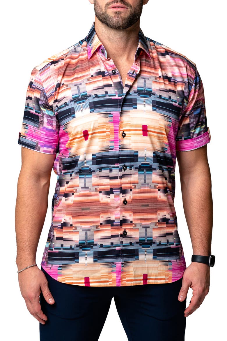 Galileo Glitch Multi Short Sleeve Contemporary Fit Button-Up Shirt, Main, color, PINK MULTI