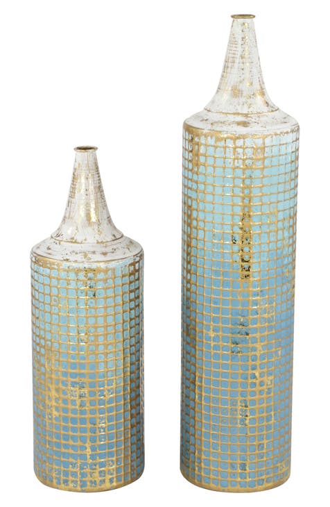 Blue Metal Distressed Tall Vase - Set of 2