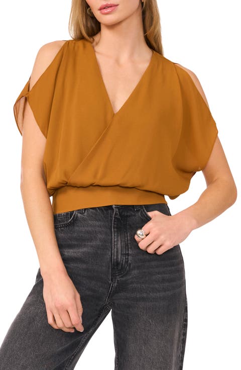 Chiffon Long Sleeve Cold Shoulder Solid Color V Neck Bandage Blouses